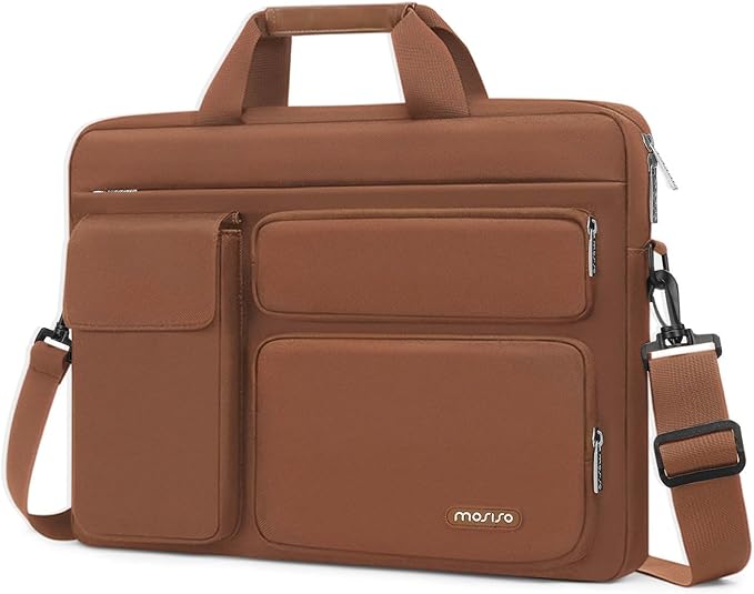 MOSISO Laptop Shoulder Bag 15.6 inch, 15-15.6 inch Computer Bag Compatible with MacBook Pro 16 inch, HP, Dell, Lenovo, Notebook with 2 Raised&1 Flapover&1 Horizontal Pocket&Handle&Belt, Caramel Brown