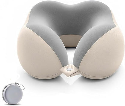 Ergonomic U-Shaped Memory Foam Neck Pillow for Travel & Office with Carry Pouch, Provides Neck Support for Airplane, Train, Anti-Sideturn Sleep (Beige+Gray)