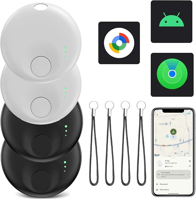 Mini Luggage Tracker, Air Tracker Tags for Android &iOS, Key Finder with Sound,Compatible with Google Find My Device and Apple Find My,Tracks Keys,Wallets,Luggage,Pets,No Subscription(2Black+2White)