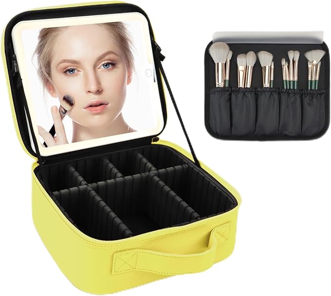 Travel Makeup Bag for Women and Makeup Artists Cosmetic Organizer Large Makeup Case,Travel Makeup Bag with Mirror 3 Color Setting,Portable Storage and Adjustable Dividers(yellow)
