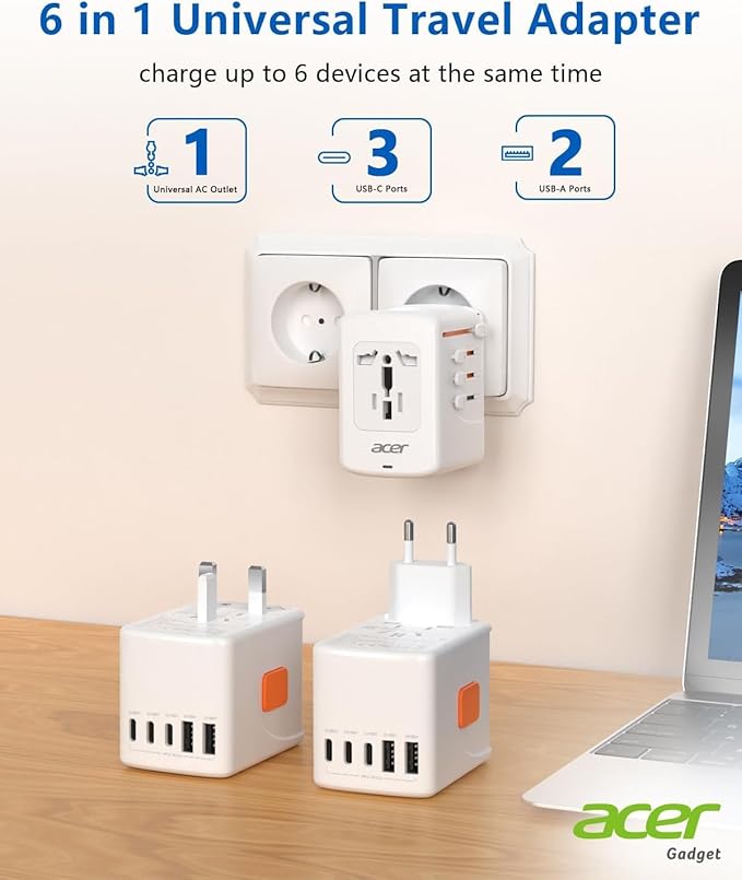 Acer Universal Travel Plug Adapter - International Power Adapter with 5 USB Ports (3 USB C) 5.8A, Worldwide Outlet Charger for USA to European UK France Germany Spain, Type C/E/F/G/I/L/A, White