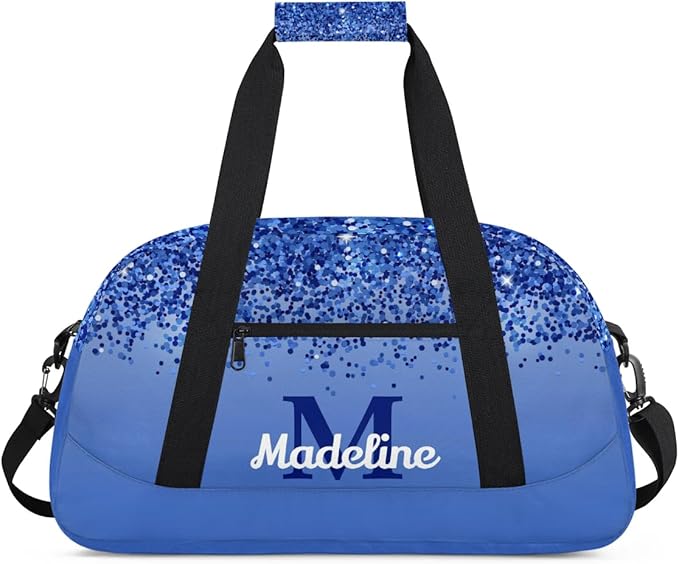 Personalized Kids Sports Duffel Bag with Name Custom Weekender Overnight Bag for Boys Girls Gym Bag Travel Dance Gymnastics Duffel Bag, Blue Glitter