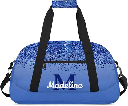 Personalized Kids Sports Duffel Bag with Name Custom Weekender Overnight Bag for Boys Girls Gym Bag Travel Dance Gymnastics Duffel Bag, Blue Glitter