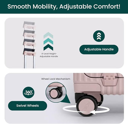 Nobl Travel Carry On Luggage, Noble Zipperless Aluminum Frame PC Hard Shell Suitcase, 20.8"x15"x8.7" Airline Approved, 360° Spinner Wheels, TSA Locks, USB Charging Port, Cup & Phone Holder - Blush