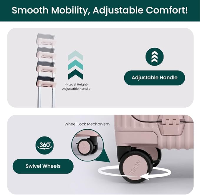 Nobl Travel Carry On Luggage, Noble Zipperless Aluminum Frame PC Hard Shell Suitcase, 22.5x15x9.5 Airline Approved, 360° Spinner Wheels, TSA Locks, USB Charging Port, Cup & Phone Holder - Blush