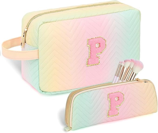 Personalized Initial Makeup Bag Trendy Stuff Leather Waterproof Cosmetic Bag Travel Toiletry Bag, Christmas/Thanksgiving/Halloween Gifts Makeup Organizer Case for Women Girls Mom Girlfriend Wife