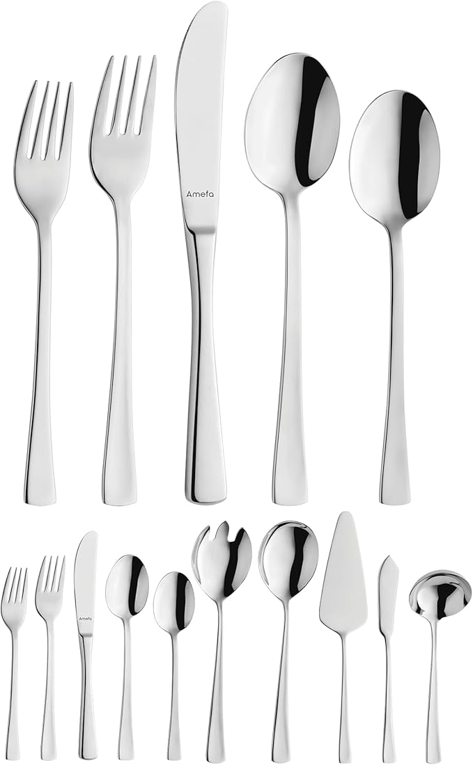 Amefa Atlantic 45-Piece Flatware, Set for 8 – Stainless Steel Silverware, Mirror Finish, Rust-Resistant Durable Cutlery, Forks, Knives, Spoons, Salad Forks & Teaspoons for Dining & Entertaining