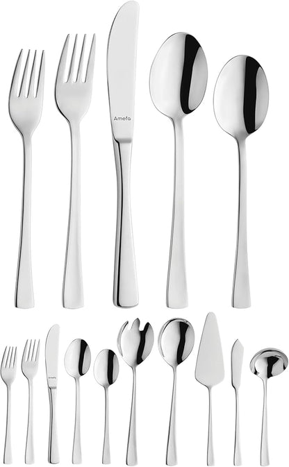 Amefa Atlantic 45-Piece Flatware, Set for 8 – Stainless Steel Silverware, Mirror Finish, Rust-Resistant Durable Cutlery, Forks, Knives, Spoons, Salad Forks & Teaspoons for Dining & Entertaining