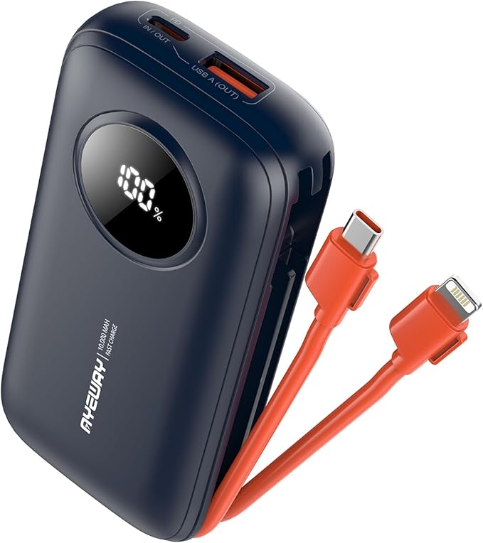 Ayeway Lightweight USB C Battery Pack with Built in Cables,10,000mah Portable Charger High Speed Charging Power Bank with 4 outputs,External Battery Phone Charger for iPhone,Samsung,5V Heated Vest