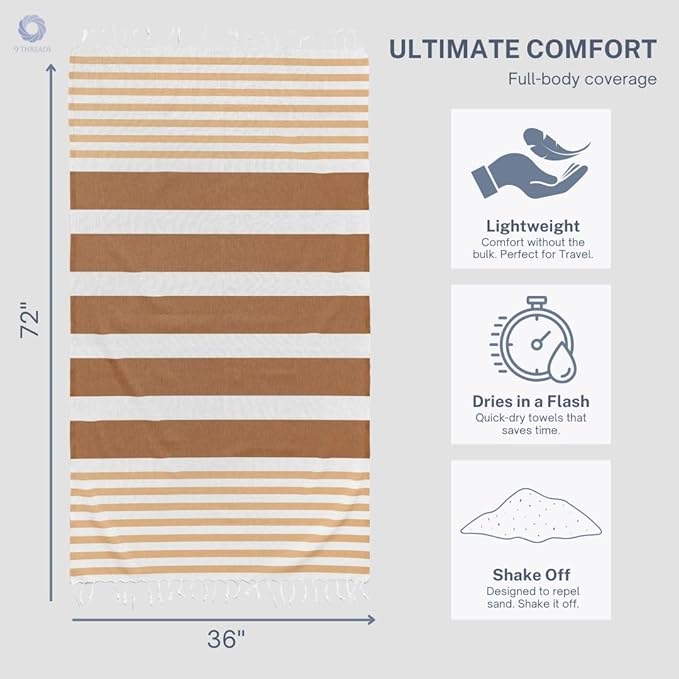 Cotton Turkish Beach Towel with Towels Oversized 36"x72" Pool Absorbent Extra Large Quick Dry Sand Travel Towel (Biscotti Luxe, 2 Pack)