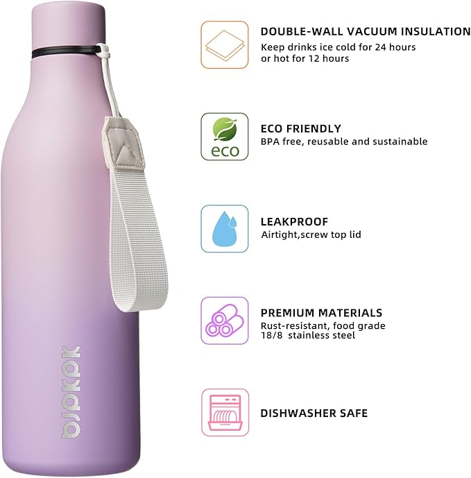BJPKPK Insulated Water Bottles, 25 oz Stainless Steel Metal Water Bottle with Strap, BPA Free Leak Proof Jugs, Mugs, Flasks, Reusable Thermal Flasks for Sports & Travel, Dreamy Purple