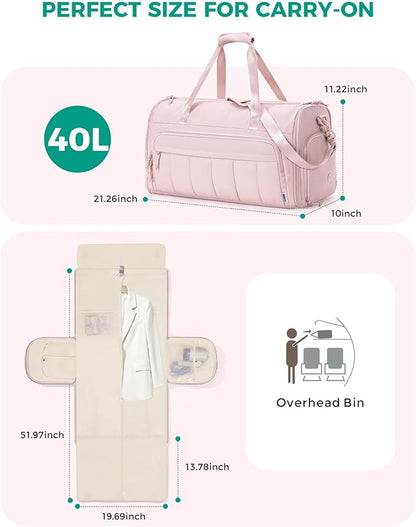 WANDF Convertible Garment Bags for Travel with Wet Pocket Carry on Garment Duffle Bag 2 in 1 Puffy Hanging Clothes Travel Bags with Shoe Compartment for Airplanes Business Weekend Gym Wedding (Pink)