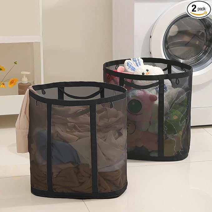 Mesh Bag with Handles, Collapsible Laundry Basket, Foldable Laundry Bag, Breathable Folding Beach Bag,Space-saving Travel Tote Bags (2, Black)