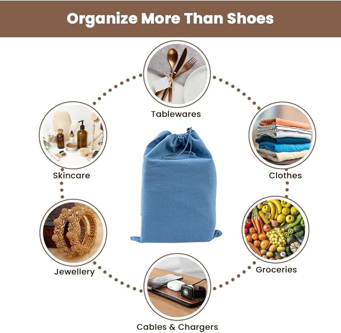 LFH Cotton Rich Shoe Storage Bags with Drawstring, Dustproof Breathable Reusable Organizer, Perfect For Travel, Dorm, Hotel, College, Gym, Easy to Carry, Machine Washable 8"x17" (Pack of 2) - Sky Blue