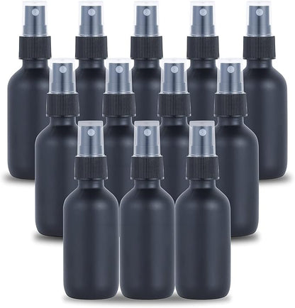 2oz Glass Spray Bottle, Fine Mist Boston Glass Bottles with Black Fine Mist Sprayer Small Clear Bottles for Essential Oils, Bath, Beauty, Hair & Cleaning, Black, Pack of 12