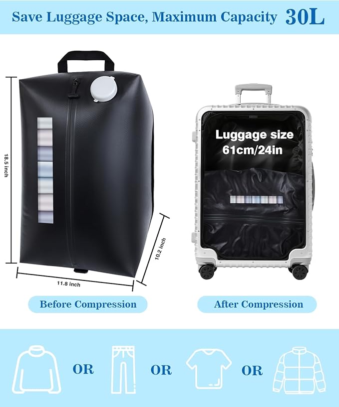 2025 Professional Vacuum Bags with Built-in Pump, 30L Vacuum Seal Bags with See-through Window, Space Saver Bags for Clothing Travel IP67, Reusable Compression Bag (Black 1PC)