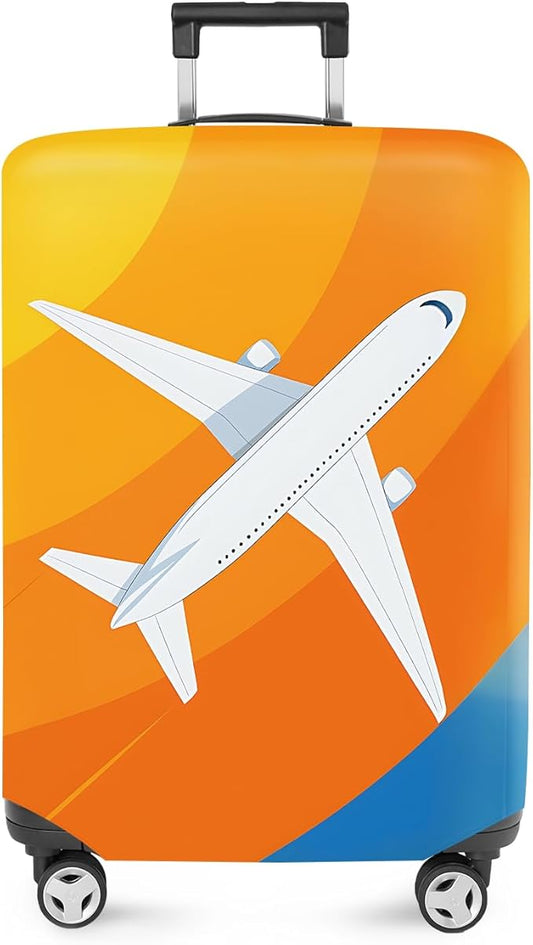 ANNA QUEEN Airplane in the Sky Luggage Cover, Minimalist Airplane & Orange Design, Stretchable, Washable Travel Sleeve for 20-34 Inch Luggage