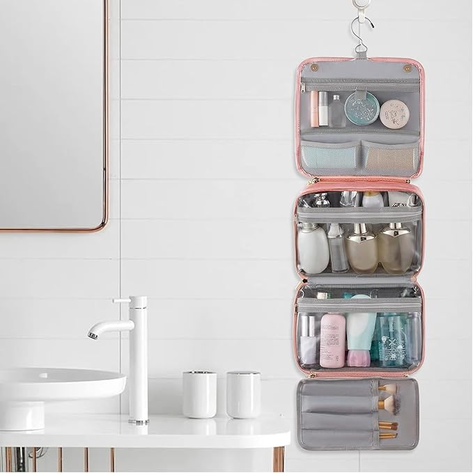 Elviros Hanging Travel Toiletry Bag for Women,3-in-1 Large Makeup Bag and Cosmetic Organizer,Vegan Leather Waterproof Skincare Case for Travel Size Toiletries and Accessories,Gift for Women