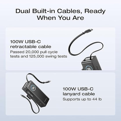EF ECOFLOW Rapid Power Bank, 25,000mAh, 100W Built-in and Retractable Cables, 170W Portable Charger with Triple 100W USB-C Port, Compatible with iPhone 17/16/15/14, Samsung, Laptop and More, Black