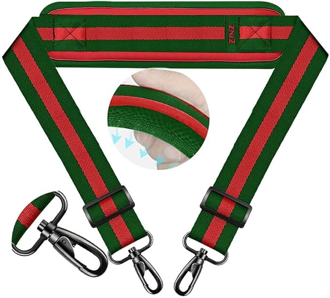 ZINZ 74" Shoulder Strap with Fixed Pad and Dual Balanced Buckles，Green-Red-Green Stripe