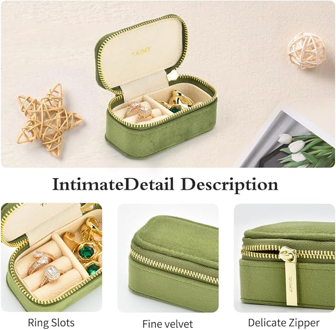 Small Travel Jewelry Case, Mini Tiny Plush Velvet Jewelry Box for Women and Girls, Pocket Size Jewelry holder organizer for Rings Earrings and Small Items(Avocado Green)