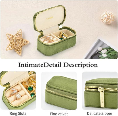 Small Travel Jewelry Case, Mini Tiny Plush Velvet Jewelry Box for Women and Girls, Pocket Size Jewelry holder organizer for Rings Earrings and Small Items(Avocado Green)