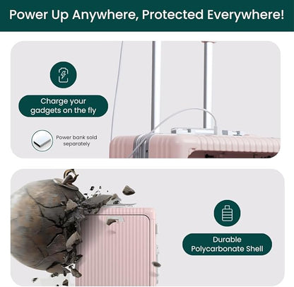 Nobl Travel Carry On Luggage, Noble Zipperless Aluminum Frame PC Hard Shell Suitcase, 22.5x15x9.5 Airline Approved, 360° Spinner Wheels, TSA Locks, USB Charging Port, Cup & Phone Holder - Blush
