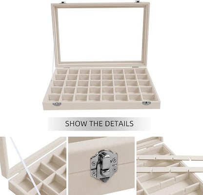 Stratalife Jewelry Organizer 40 Grid Jewelry Trays with Dust-proof Lid Velvet Earring Organizer Ring Holder Accessories Box Necklaces Earrings Storage for Women Drawers Cream