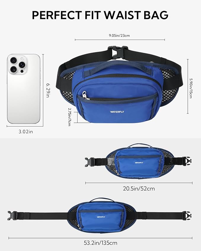 WATERFLY Fanny Pack Waist Bag: 2.3L Large RFID Blocking Crossbody Bags for Women Men, Breathable Casual Anti-Theft Hip Pouch for Traveling Walking Hiking-Navy Blue