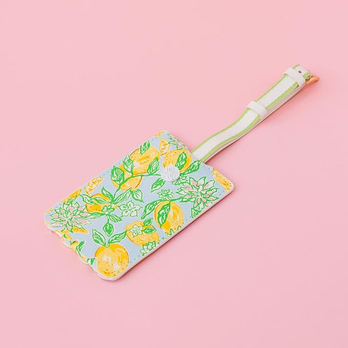 Lilly Pulitzer Leatherette Luggage Tag with Secure Strap, Colorful Suitcase Identifier for Travel, Make Lemonade
