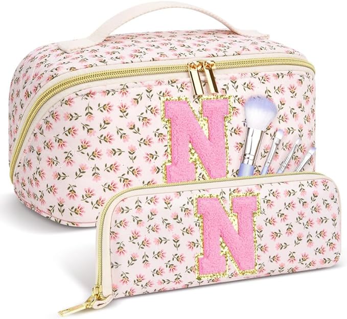 Personalized Travel Makeup Bag Set,Initial Travel Cute Floral Makeup Organizer Bag,Toiletry Skincare Cosmetic Bag,Christmas Gifts for Women/Girls,Open Flat Toiletry Pouch with Brush Pocket-N