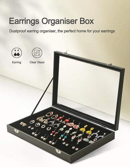 Coward Earring Organizer Tray Box, Black Velvet Earring Jewelry Display Storage Tray Case with Transparent Glass Lid for Home Drawer or Shop Selling