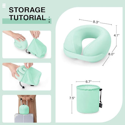 Car Pillow for Little Kids Travel Neck Pillows, Memory Foam Neck Support Travelling Pillow with Washable Cotton Pillowcases and Storage Bag, for Airplane, Train, Flight and Home Use Green