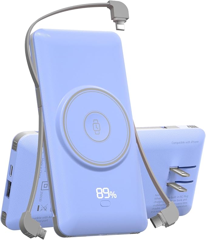 Magnetic 10000mAh Portable Charger for iWatch & iPhone, 22.5W USB C Fast Charging Wireless Power Bank Built-in Cables and Wall Plug, External Travel Battery Pack Compatible with iOS Android Devices