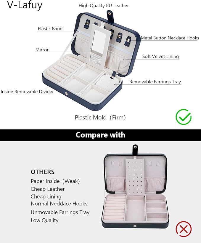 Travel Jewelry Case, Jewelry Box Small PU Leather Portable, Jewelry Travel Case for Rings Earrings Necklaces Bracelets Watch, Navy B