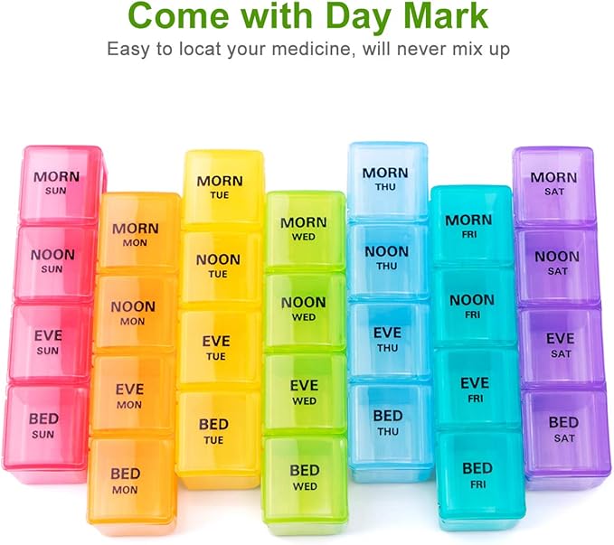 Sukuos Large Weekly Pill Organizer 7 Day (4 Times a Day), Moisture-Resistant Daily Pill Box Medicine Cases for Vitamin/Fish Oil/Supplements - Rainbow Colors
