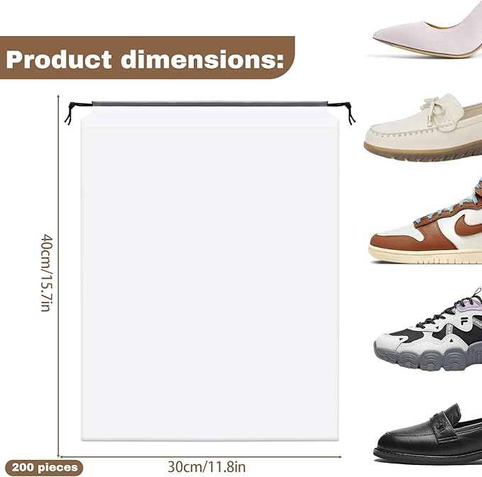 200 Pcs Shoe Bags for Travel, Clear Shoe Bags Durable for Suitcases, Dust Bags for Shoes Reusable Shoe Dust bags Covers for Men and Women, Large Travel Shoe Bag,Storage Bags(11.8" x 15.7")