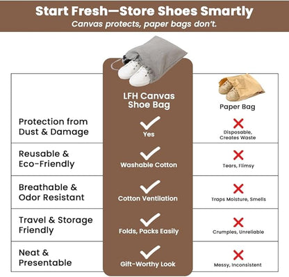 LFH Cotton Rich Shoe Storage Bags with Drawstring, Dustproof Breathable Reusable Organizer, Perfect For Travel, Dorm, Hotel, College, Gym, Easy to Carry, Machine Washable 8"x17" (Pack of 4) - Grey