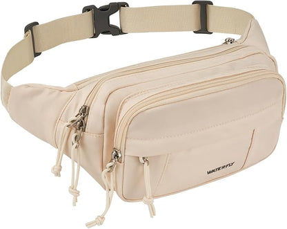 WATERFLY Fanny Pack Waist Packs: Large Crossbody Fanny Packs for Women Men with 5 Zipper Pockets Adjustable Strap Waist Bags Hip Pack for Traveling Cycling Running Hiking-White