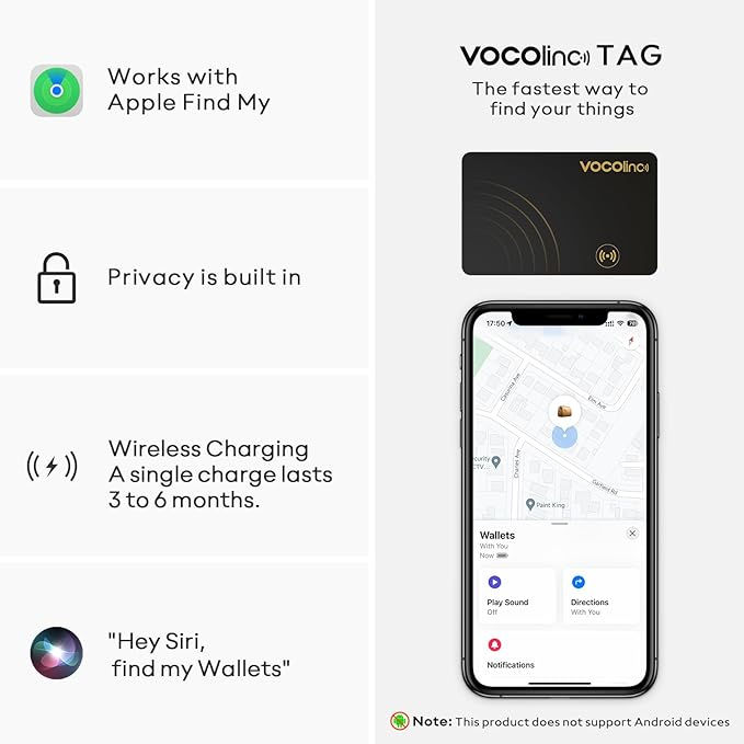 [Apple MFi Certified] VOCOlinc Air Card Tag Rechargeable Wallet Tracker 1.6mm, Item Finder Work with Apple Find My APP (iOS Only, Android not Supported), Bluetooth Locator for Luggage, Suitcase, Bags