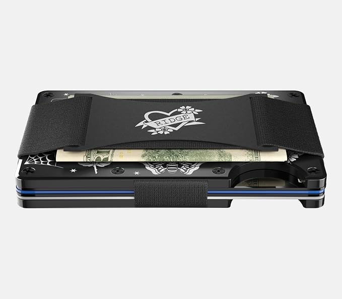 Ridge Wallet for Men - Slim Minimalist Compact Wallet and Card Holder, RFID Protected Front Pocket Wallets for Men with Integrated Cash Strap (American Traditional Tattoo B&W)