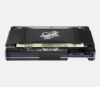 Ridge Wallet for Men - Slim Minimalist Compact Wallet and Card Holder, RFID Protected Front Pocket Wallets for Men with Integrated Cash Strap (American Traditional Tattoo B&W)