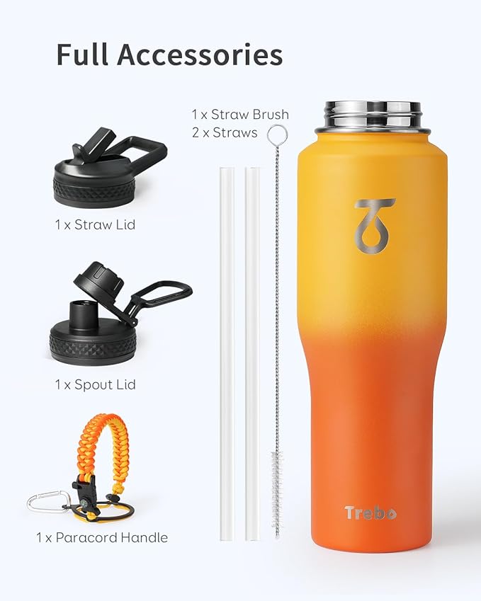 Trebo 32oz Insulated Water Bottle that Fits in Cup Holder, Stainless Steel Bottles Tumbler Double Wall Metal with Straw Spout Lids,Travel Flask with Paracord Handle, Sweat Proof Keep Cold &Hot,Orange