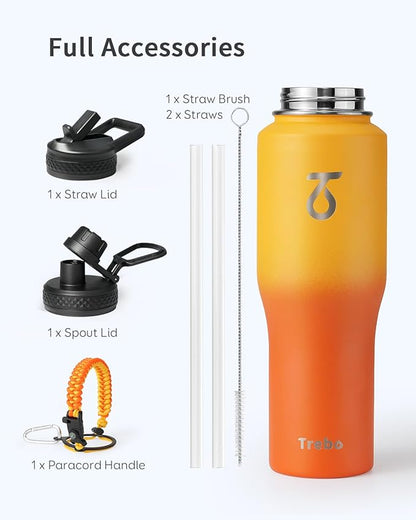 Trebo 32oz Insulated Water Bottle that Fits in Cup Holder, Stainless Steel Bottles Tumbler Double Wall Metal with Straw Spout Lids,Travel Flask with Paracord Handle, Sweat Proof Keep Cold &Hot,Orange