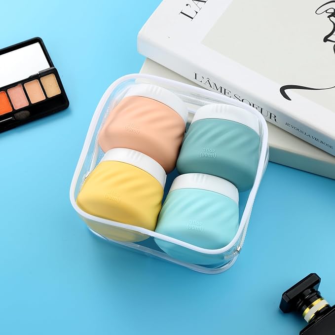 Gemice Silicone Cream Jars, TSA Approved Containers for Toiletries With Toiletry Bag, Wide Mouth Leak-proof Accessories With Lid for Cosmetic Cream (4 Pack)