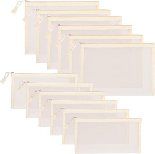 12 Pieces Zipper Nylon Mesh Pouch, Mesh Cosmetic Bags Makeup Bags Pencil Case, Multipurpose Travel Bags for Cosmetic School Office Supplies and Travel Accessories (Beige, A5+B6)