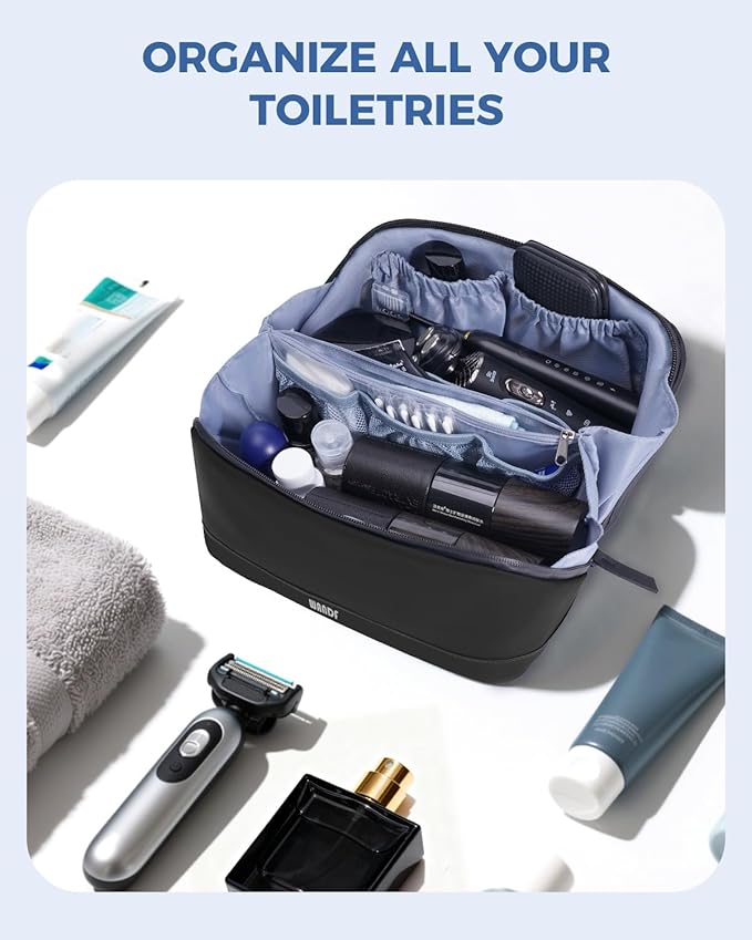 WANDF Toiletry Bag for Men, PU Leather Travel Organizer with Detachable Waterproof Hanging Pouch, Open-Flat Dopp Kit Shaving Bag with Wet Pocket for Travel Toiletries Accessories (Black)