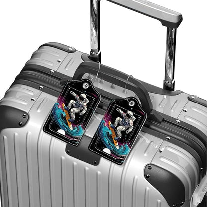 Funny PU Leather Luggage Tags 2-Pack Astronaut Surfing Space Cute Pattern Suitable for Suitcase Stainless Steel Loop and Address Card Essential for Cruise and Airport Travel for Men and Women