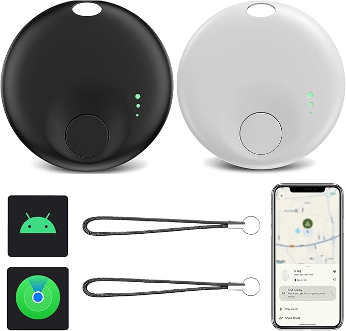 Mini Bluetooth Tracker, Air Tracker Tags for Android &iOS, Key Finder with Sound,Compatible with Google Find My Device and Apple Find My,Tracks Keys,Wallets,Luggage,Pets,No Subscription(Black+White)