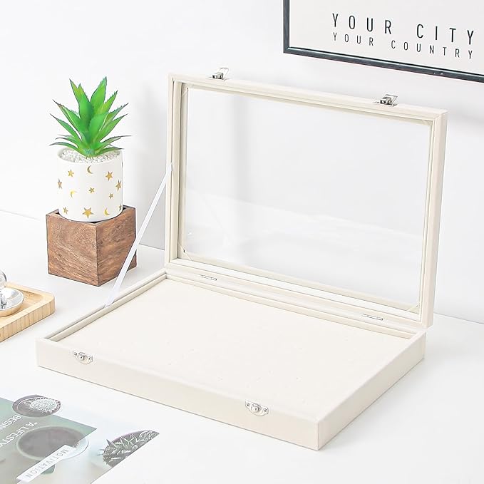 Coward Ring Organizer Jewelry Box, Beige Velvet 100 Slots Ring Display Tray Case with Transparent Glass Lid for Home Use or Store Selling Show